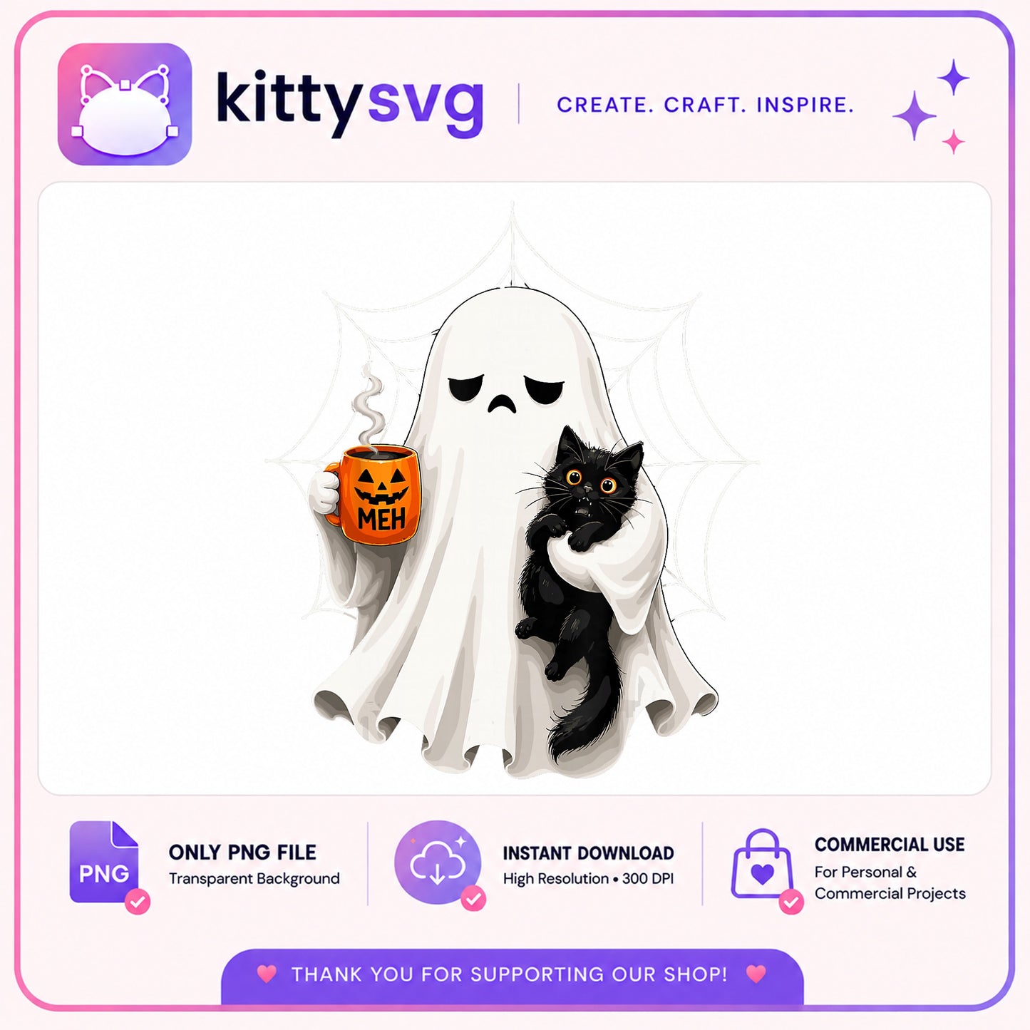 Halloween Ghost With Black Cat PNG, Spooky Ghost Coffee PNG, Halloween PNG