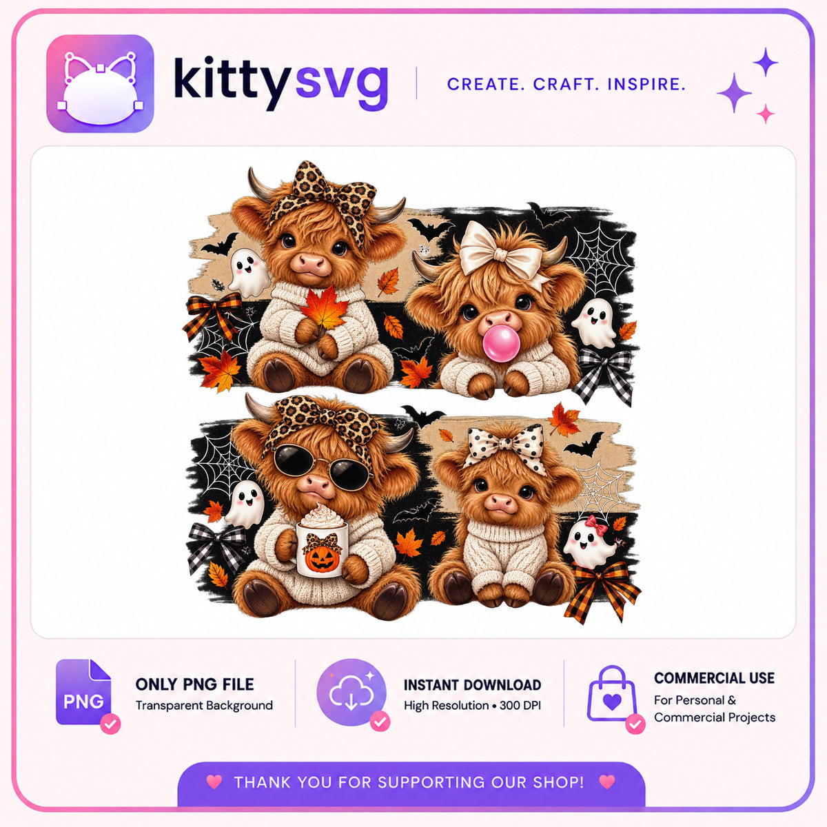 Halloween Highland Cow PNG Bundle, Cute Fall Cow Clipart, Halloween PNG