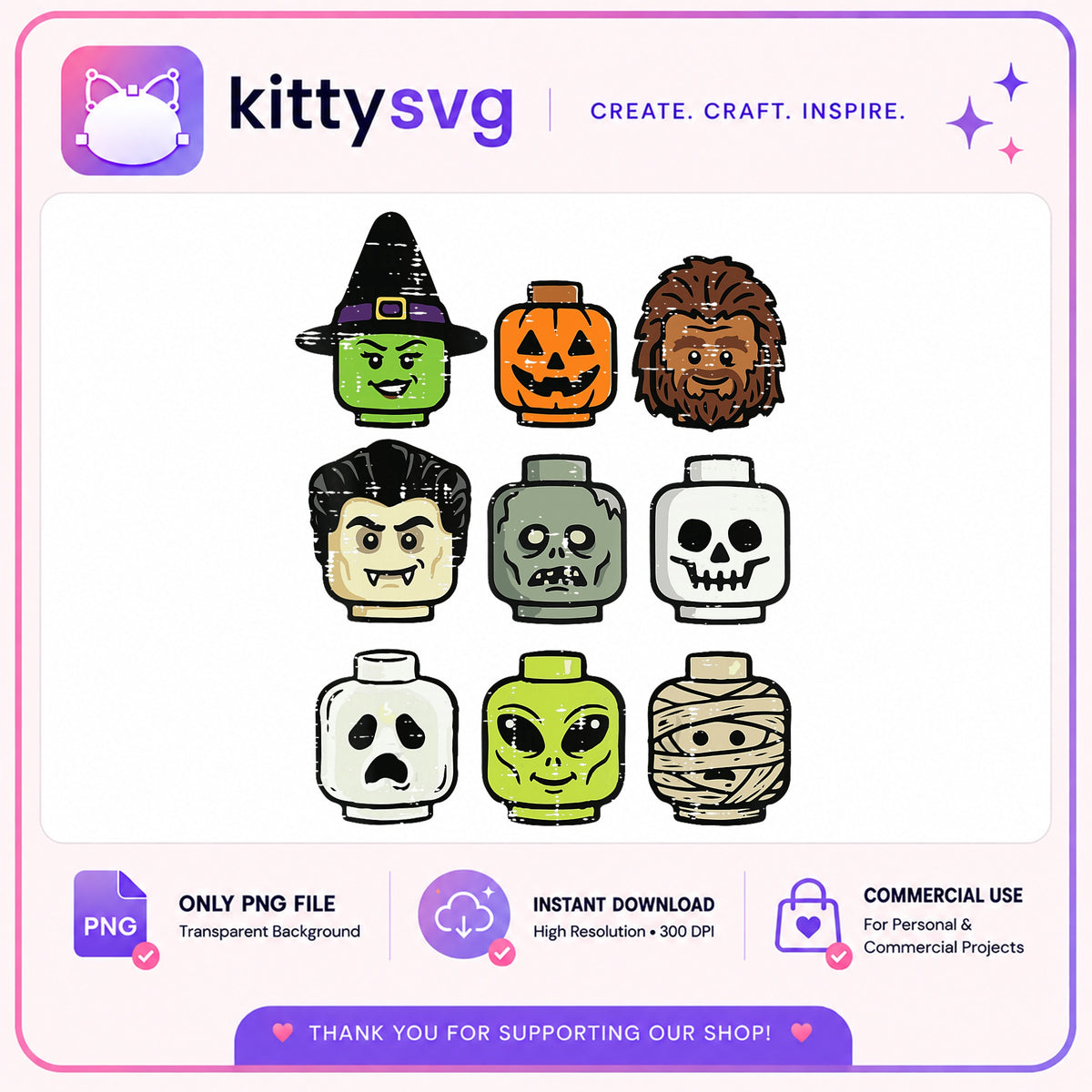 Halloween Lego Faces Bundle PNG, Spooky Monster Clipart, Halloween PNG