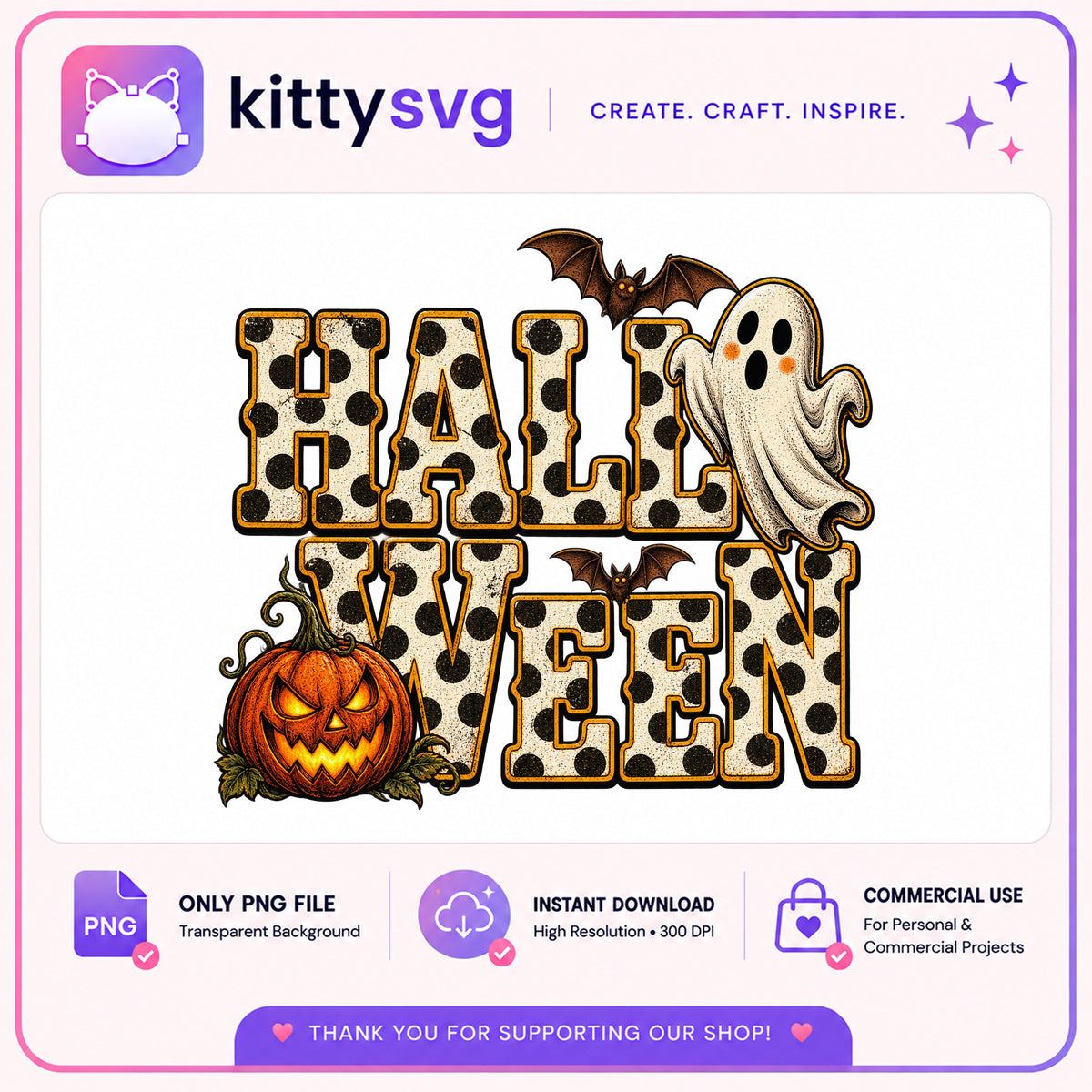 Halloween Polka Dot PNG, Ghost Pumpkin Bat Halloween, Spooky PNG