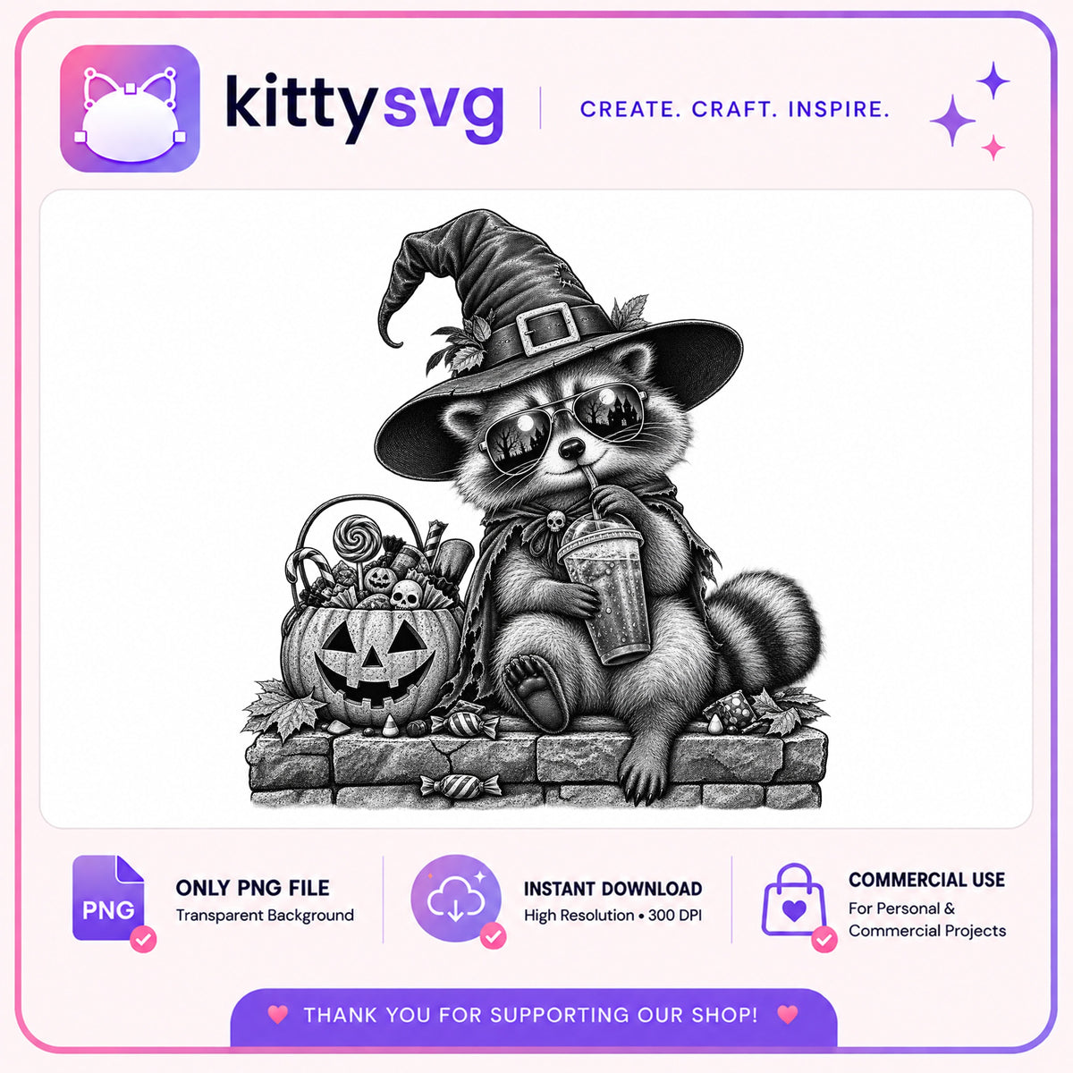 Halloween Raccoon Witch PNG, Spooky Raccoon With Pumpkin, Halloween PNG