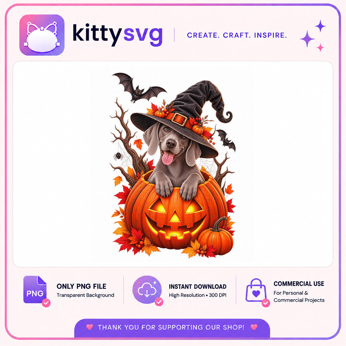 Halloween Weimaraner Dog Witch Hat PNG, Pumpkin Dog PNG, Halloween PNG