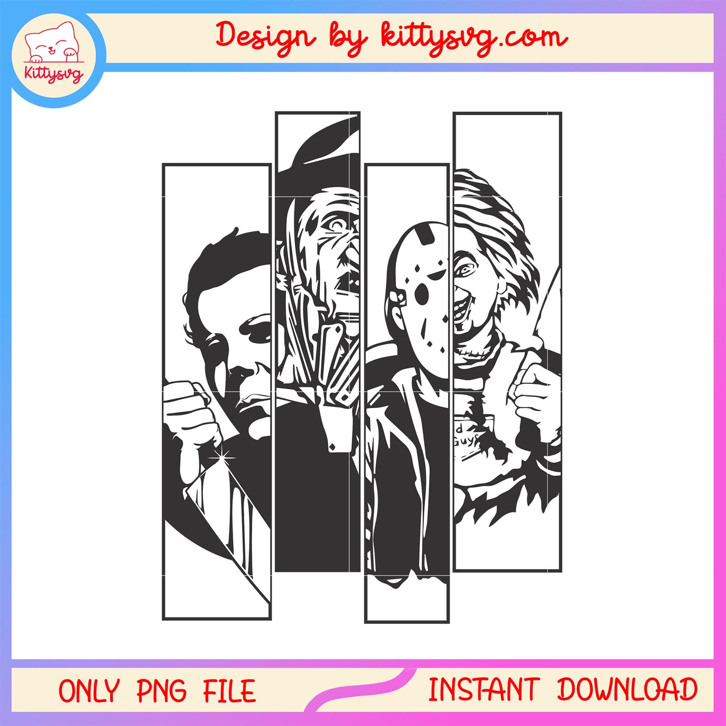 Halloween characters collage outline design png, horror characters outline png