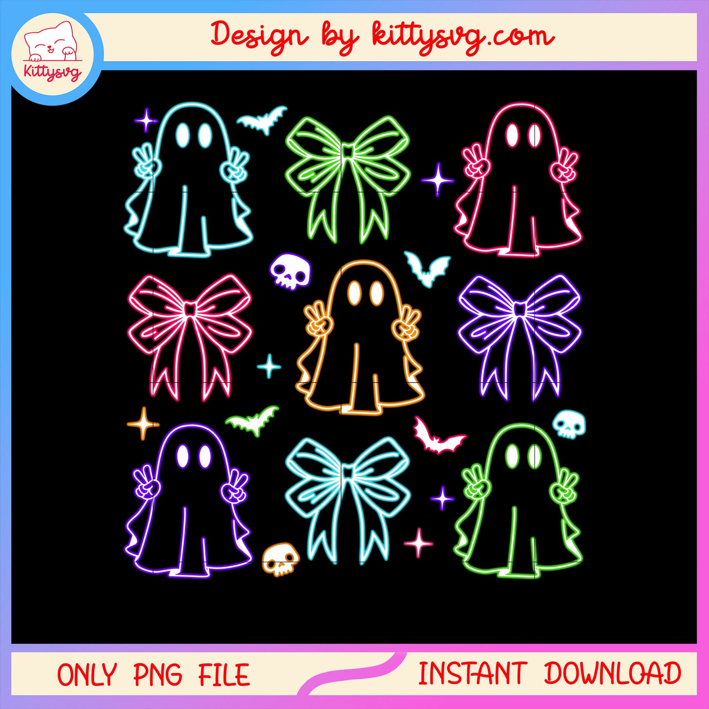 Halloween ghost and colorfull bow design png, halloween ghost png