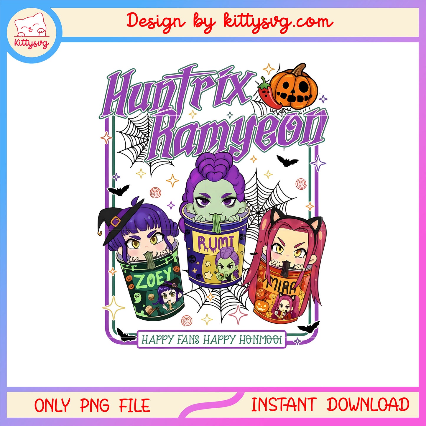 Halloween happy fans honmooi huntrix kpop png, huntrix ramyeon png