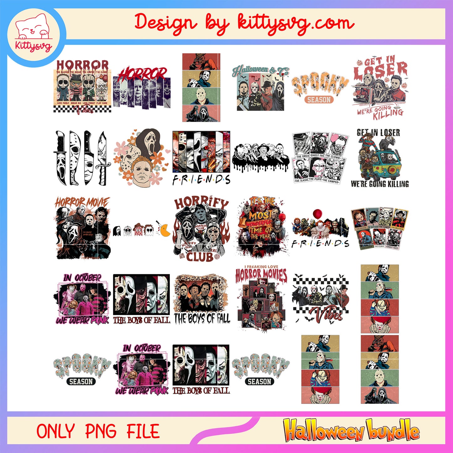 Halloween horror friends bundle png, horror movie png, halloween png