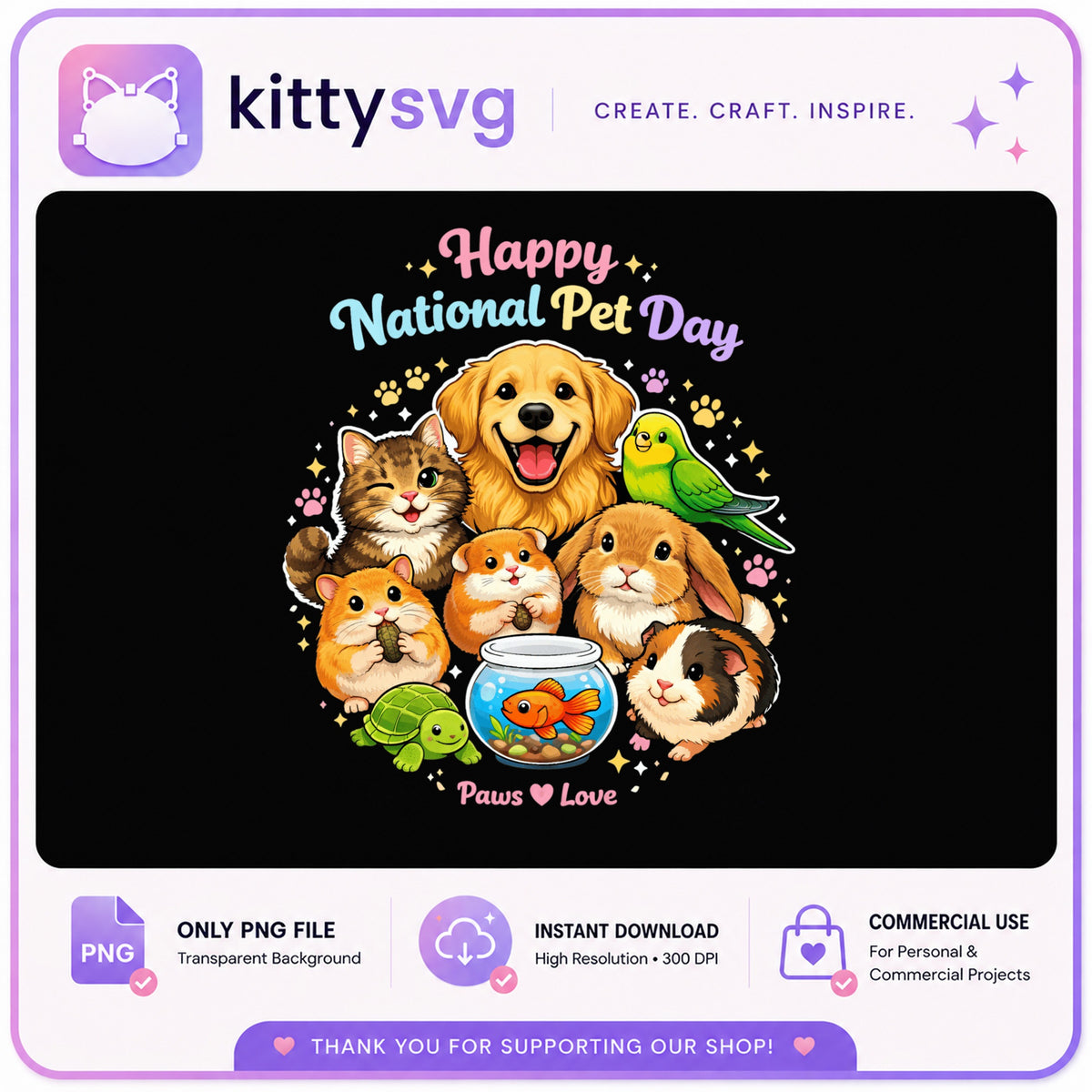 Happy National Pet Day PNG, Cute Animals Paws Love, Pet PNG