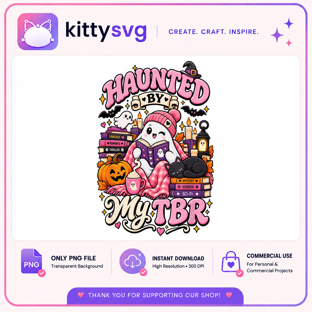 Haunted By My TBR Ghost Reading PNG, Book Lover PNG, Halloween PNG