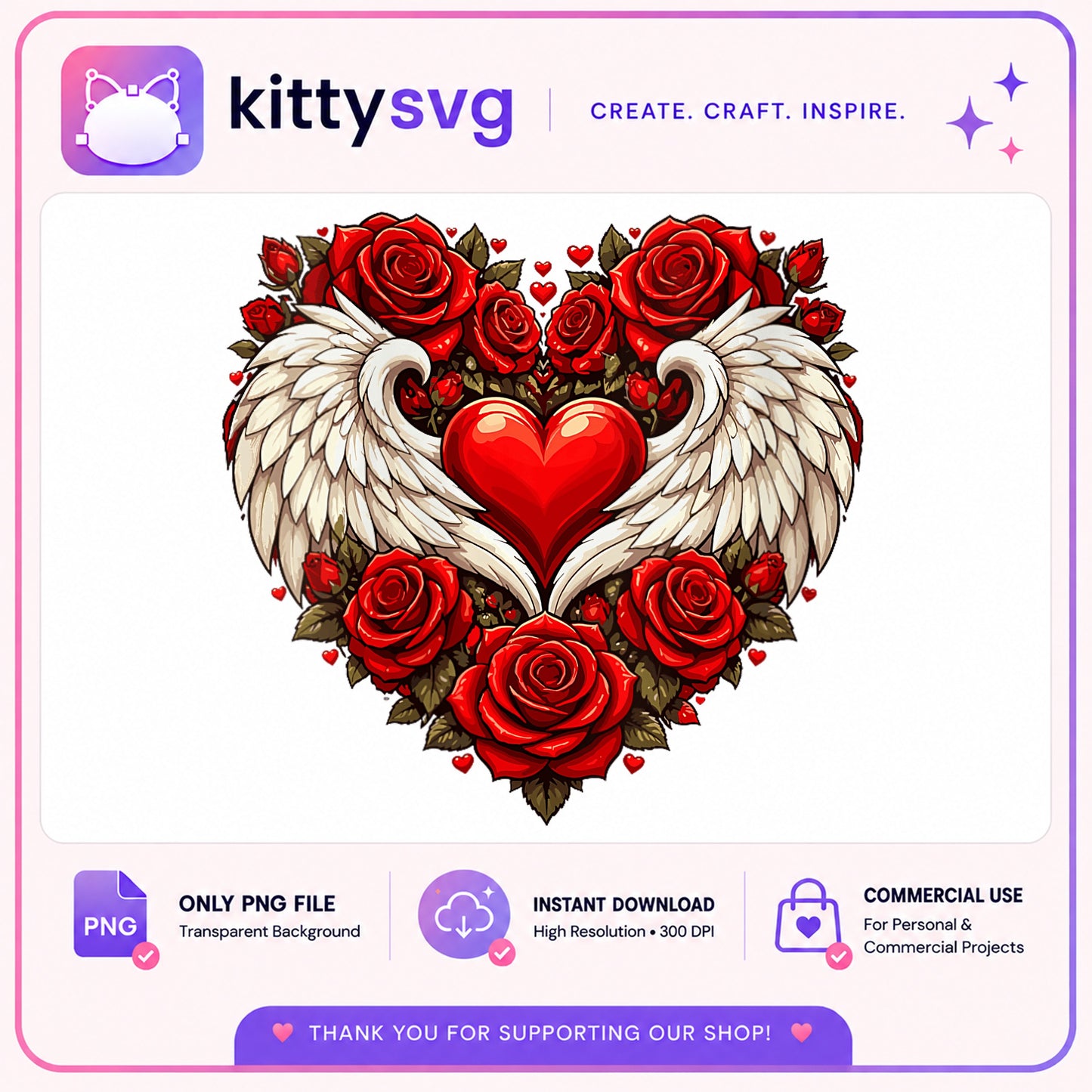 Heart With Angel Wings And Roses PNG, Valentine PNG, Floral Heart PNG