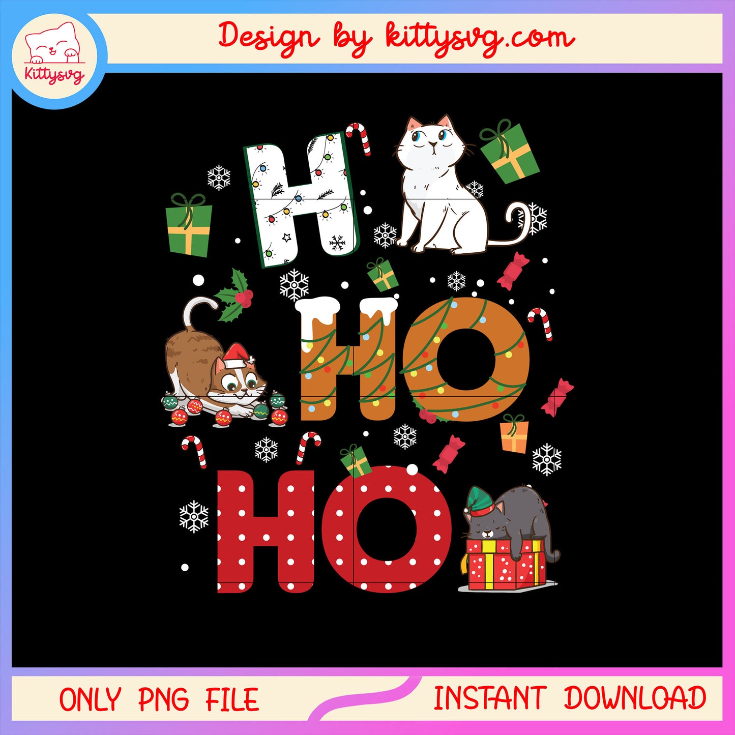 Ho ho ho cats christmas design png, christmas decoration png