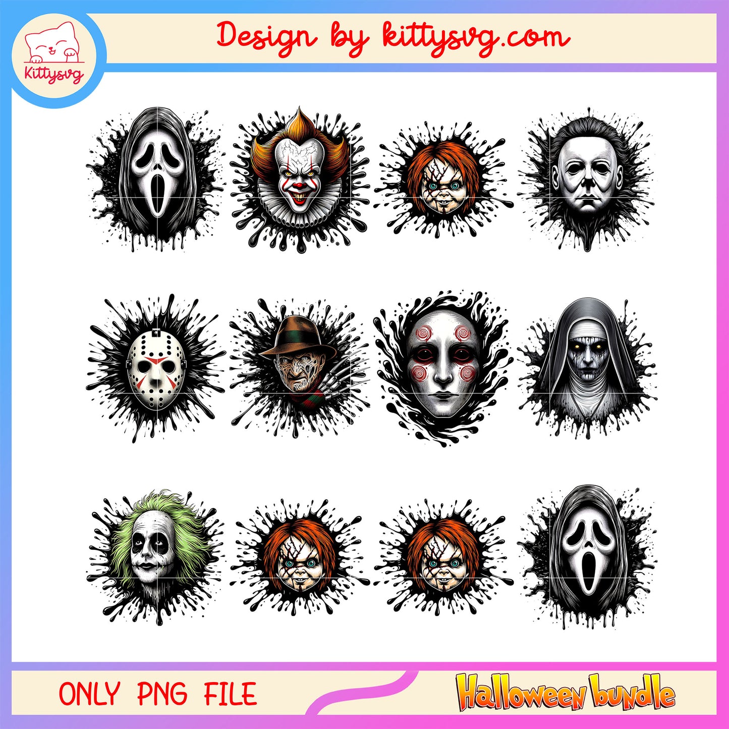 Horror characters face blood drop bundle png