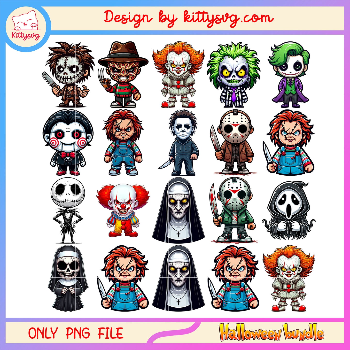 Horror characters chibi design bundle png, halloween characters png