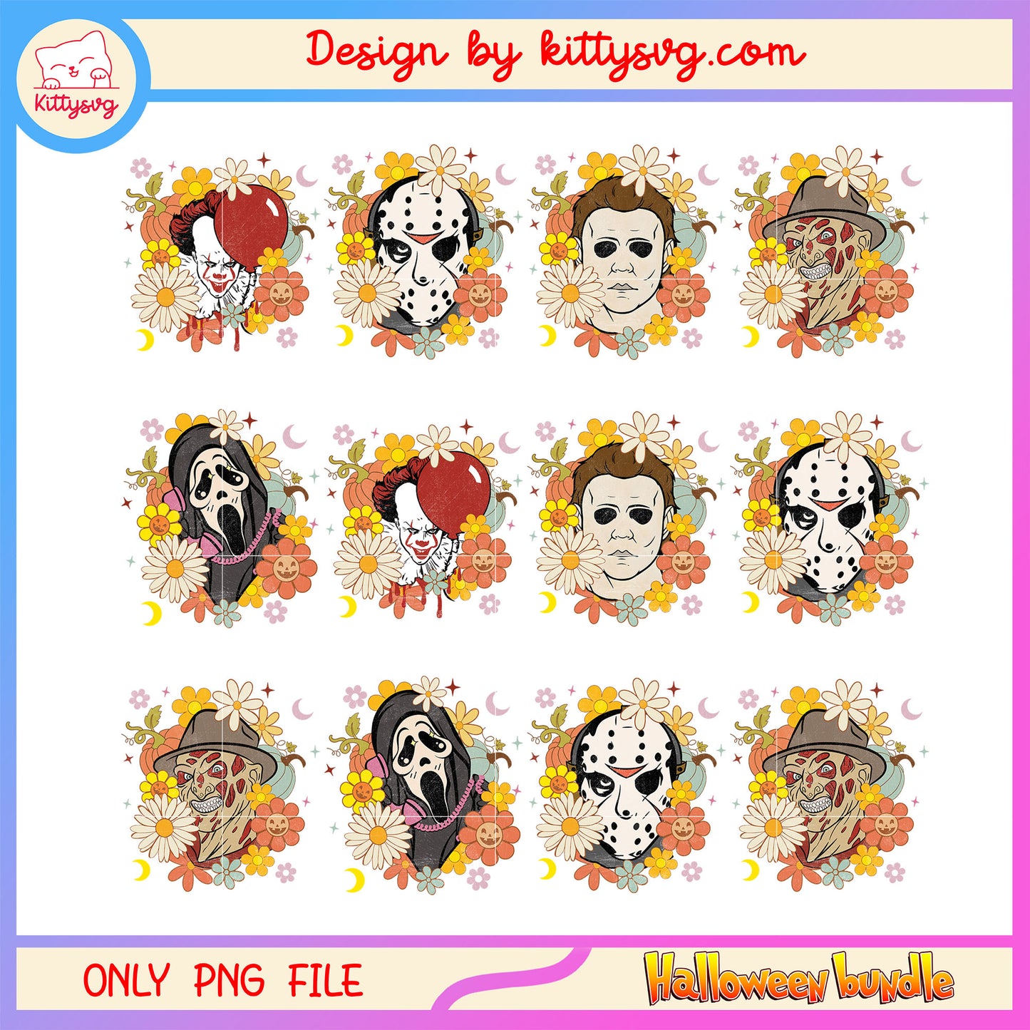 Horror characters flower halloween bundle png, horror movies png