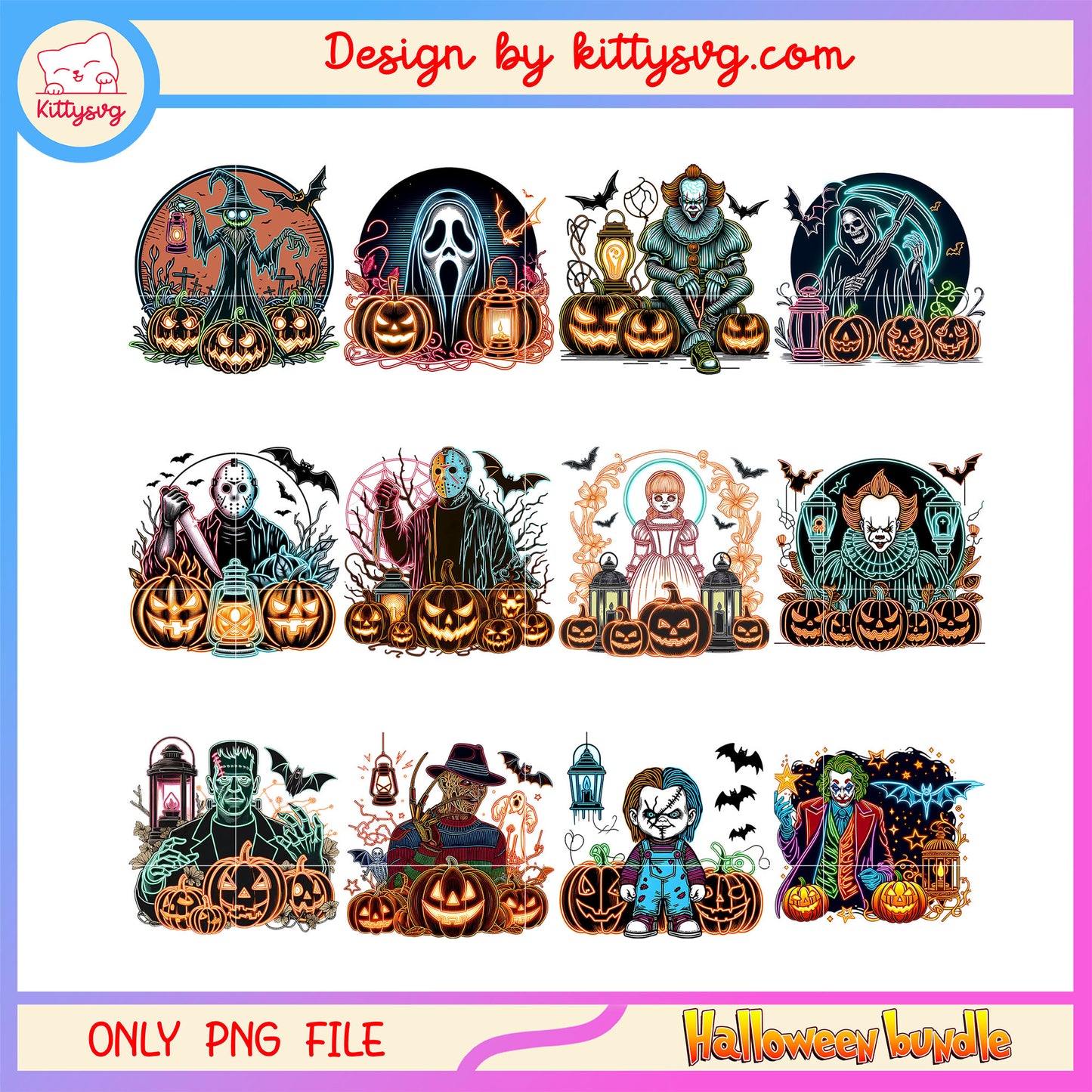 Horror characters pumpkin neon bundle png, halloween horror png