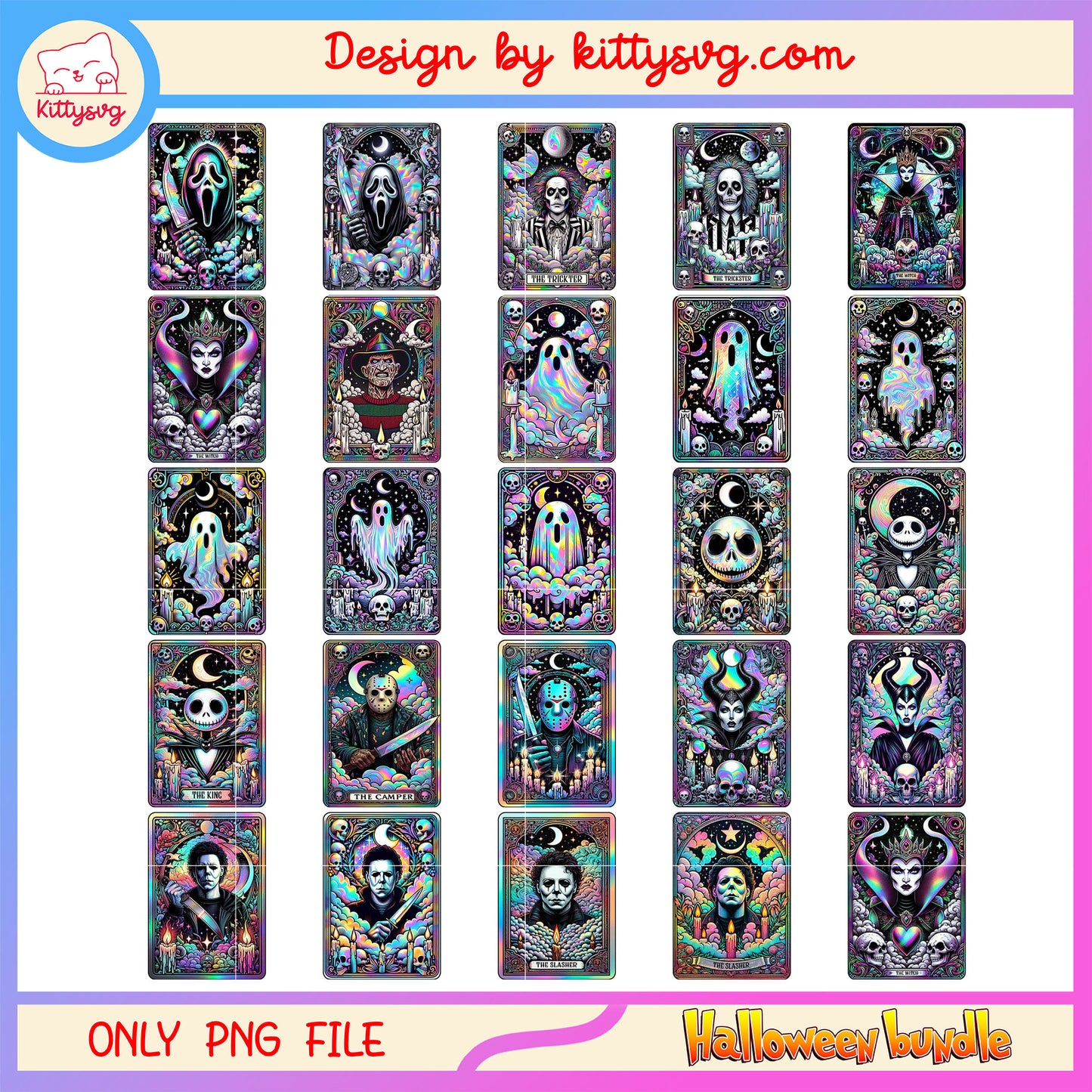 Horror characters tarot card design bundle png, horror halloween png