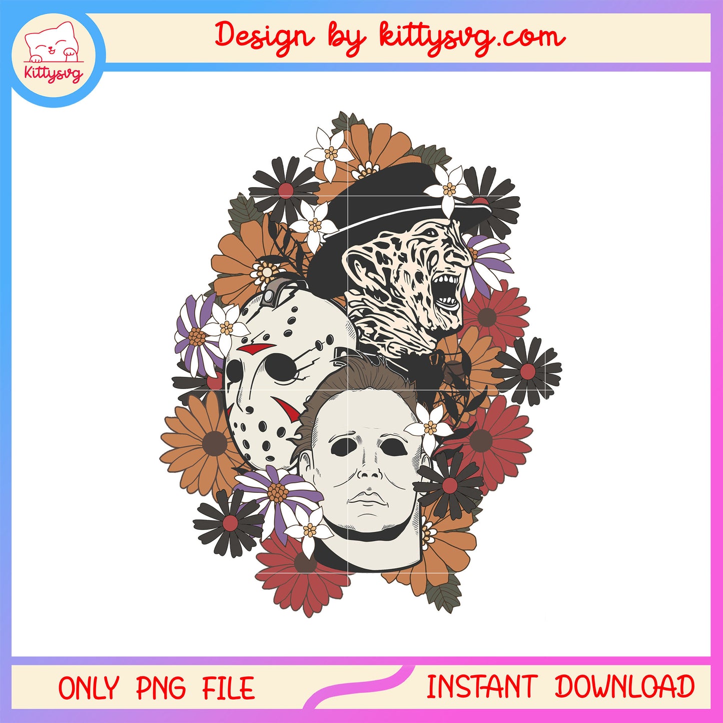 Horror face films halloween floral design png, horror movies png
