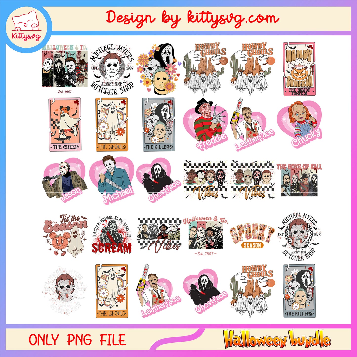 Horror halloween spooky design bundle png, spooky season png