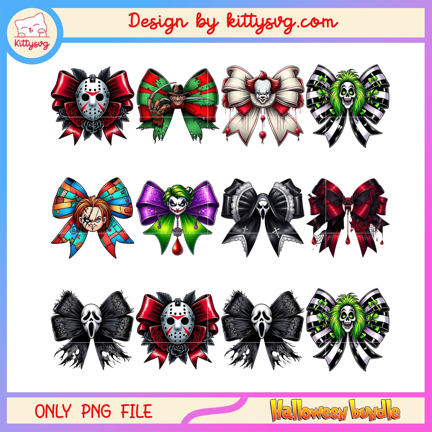 Horror head bow halloween design bundle png, halloween horror png