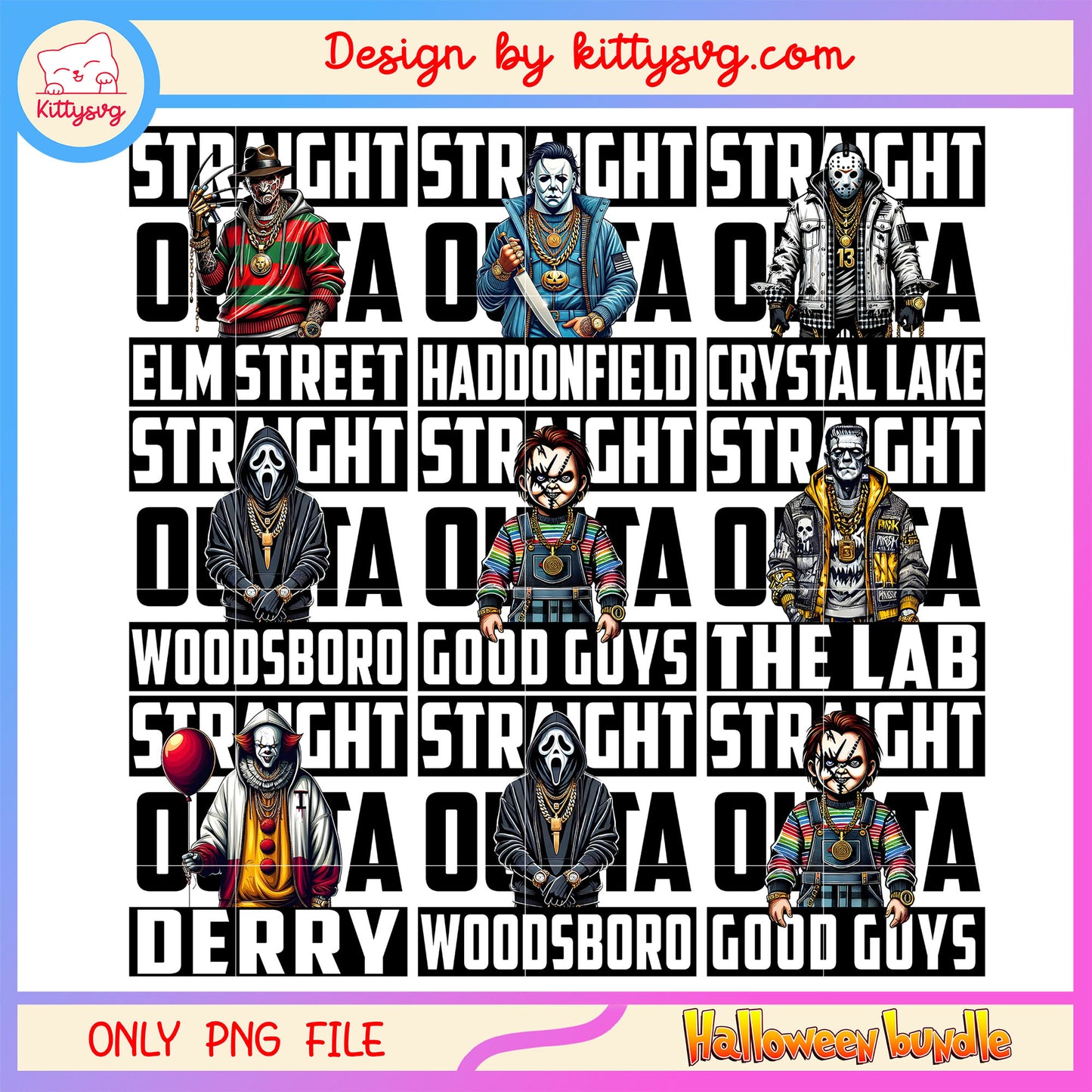 Horror straight outta halloween bundle png, horror characters png