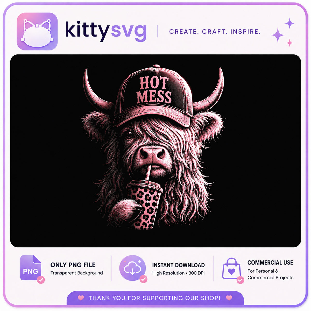 Hot Mess Highland Cow PNG, Funny Cow Trucker Hat, Western PNG