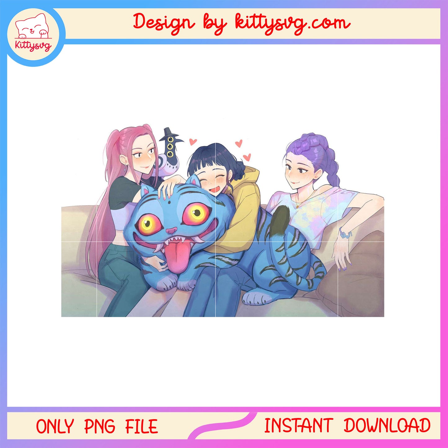 Huntrix and derpy relaxing on sofa png, demon tiger png