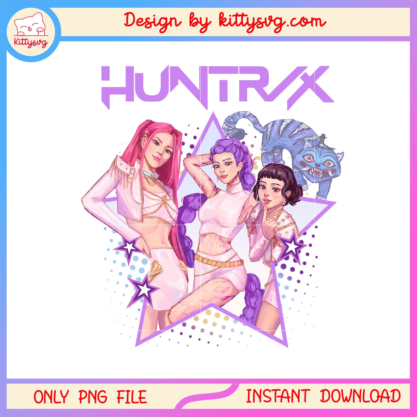 Huntrix band members and derpy tiger png, netflix characters png