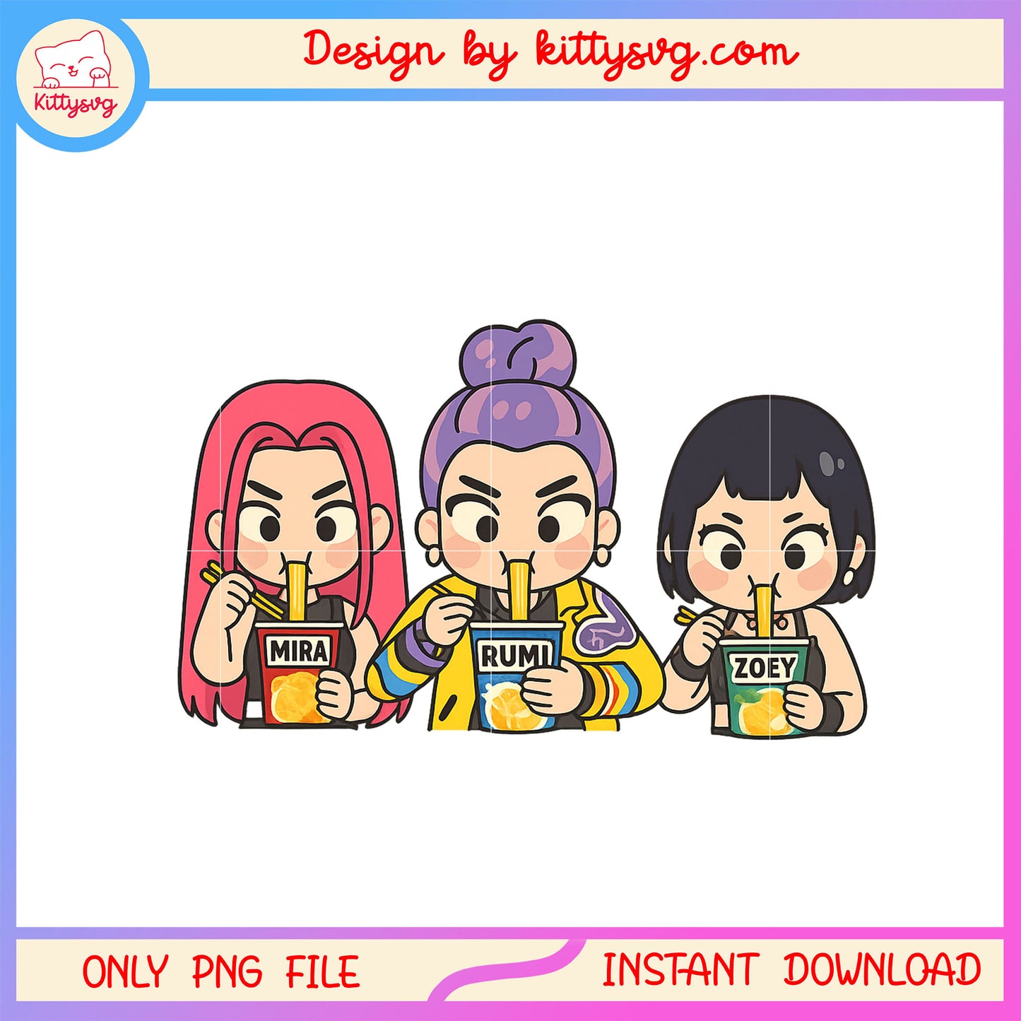Huntrix band members eating noodle png, k-pop demon hunters png