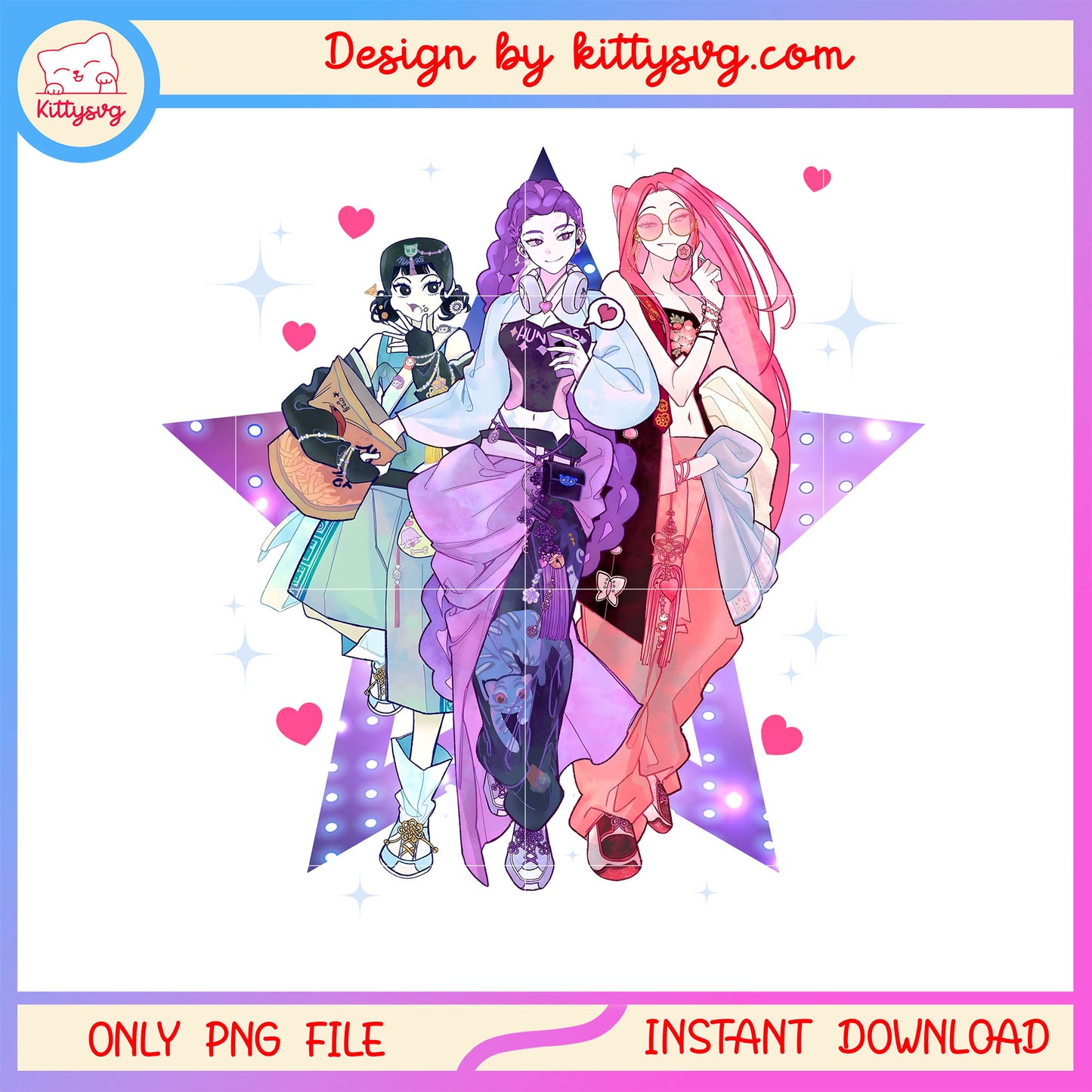 Huntrix band outfits design png, kpop demon hunters outfits png