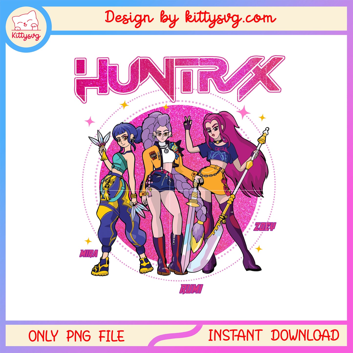 Huntrix band posing design png, kpop demon hunters merch png
