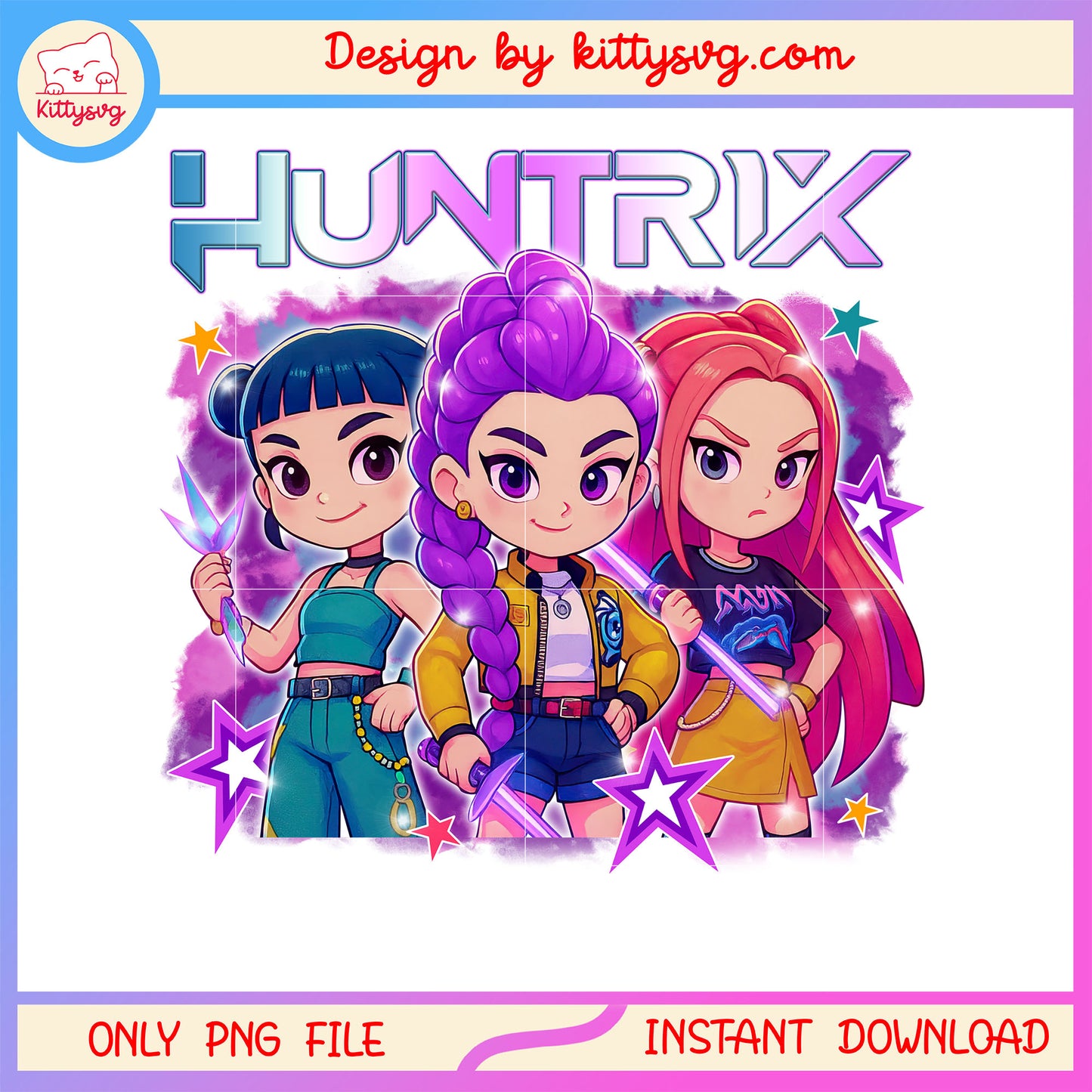 Huntrix cartoon chibi members design png, cartoon characters png