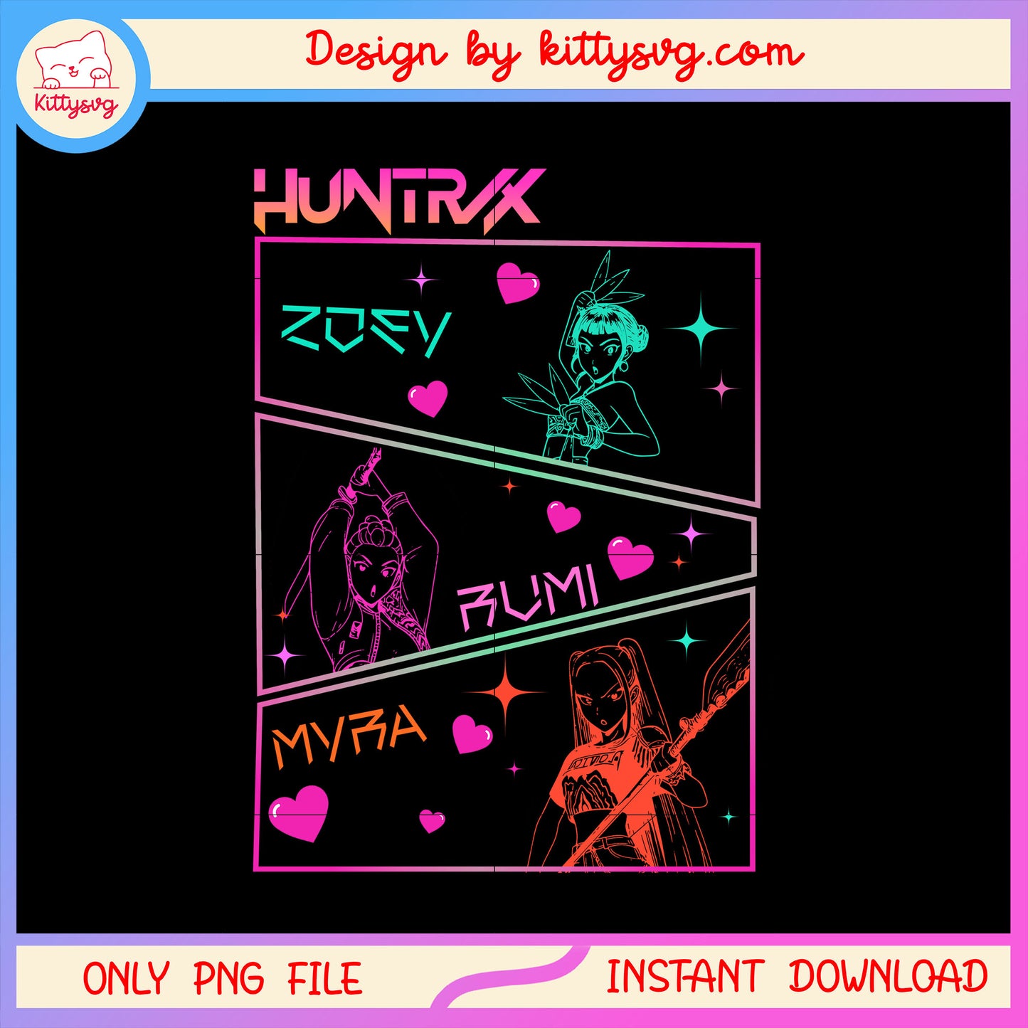 Huntrix girl band members color outline png, kpop team members png