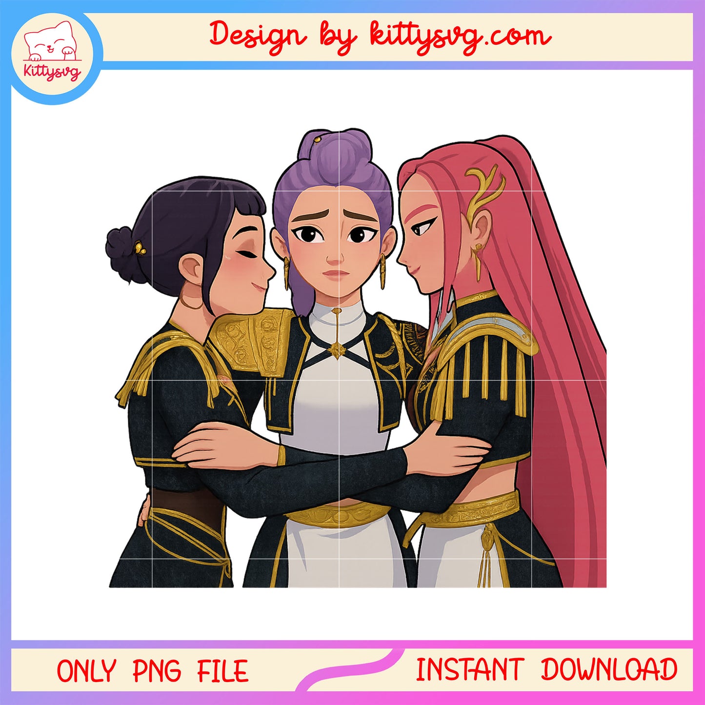Huntrix girl team characters design png, rumi and friends png