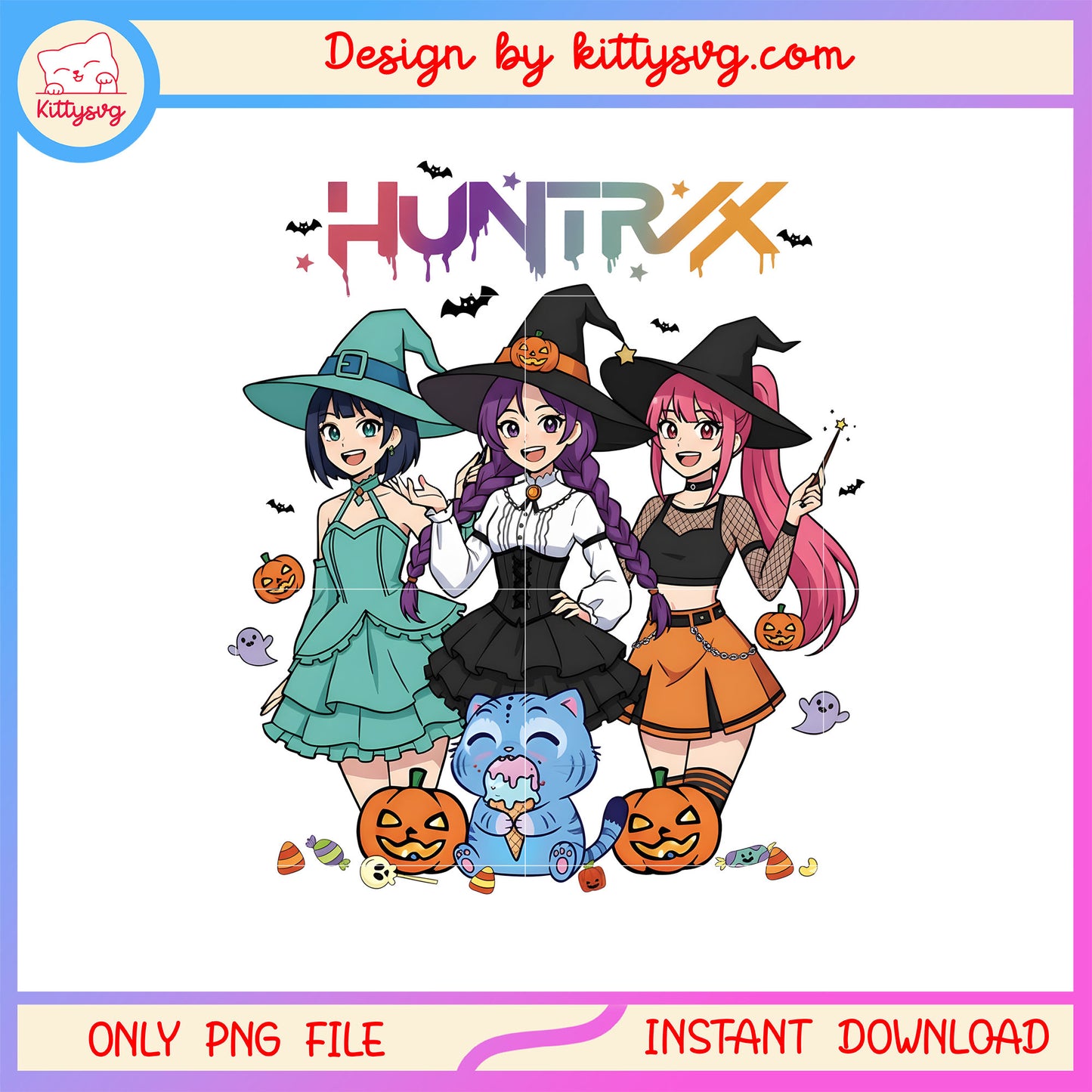 Huntrix happy for halloween design png, kpop demon hunters girls png