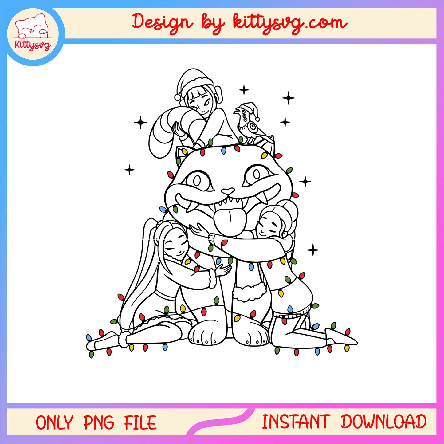 Huntrix hugging derpy tiger kpop christmas lights png, xmas png