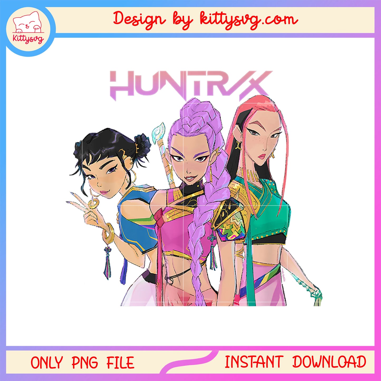 Huntrix hunters form cartoon png, kpop demon hunters fanart png