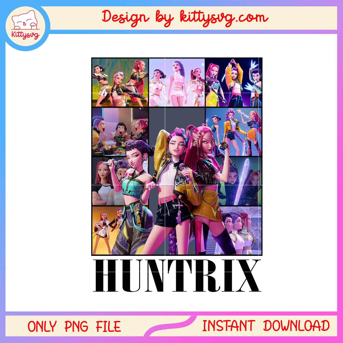 Huntrix kpop band characters design png, kpop demon hunters png