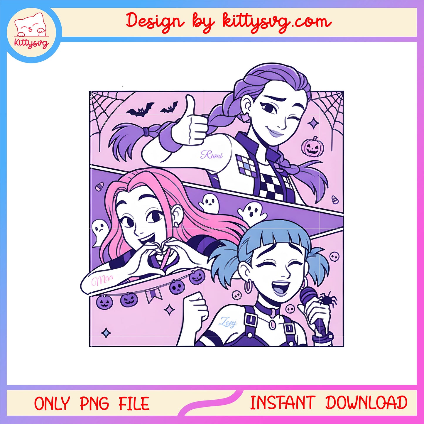 Huntrix kpop hunters halloween cartoon design png, huntrix merch png