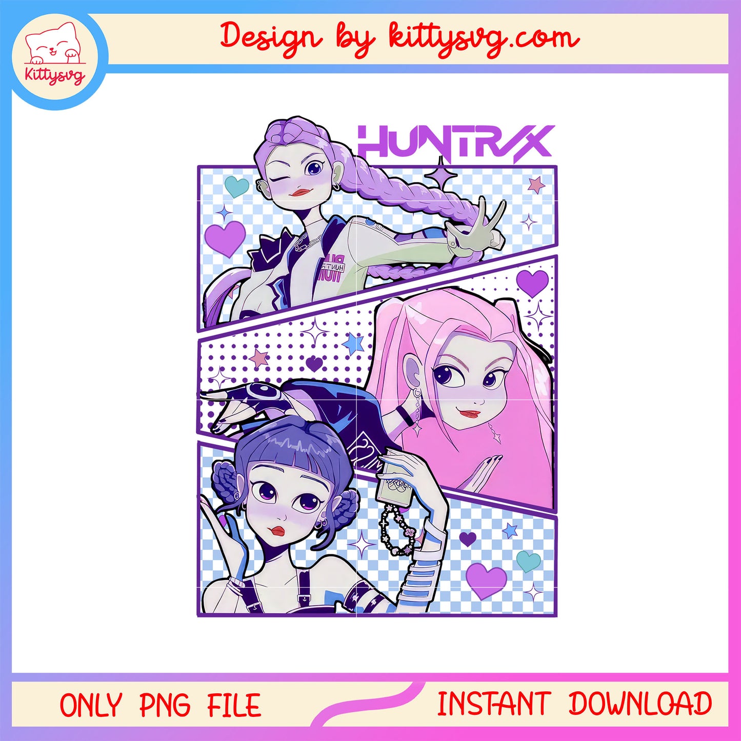 Huntrix members cartoon design png, kpop idols png