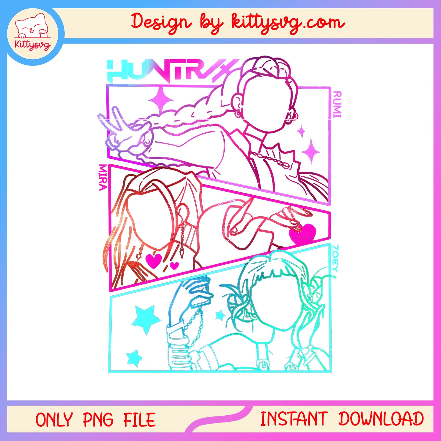 Huntrix outline colorful design png, kpop huntrix png, anime png
