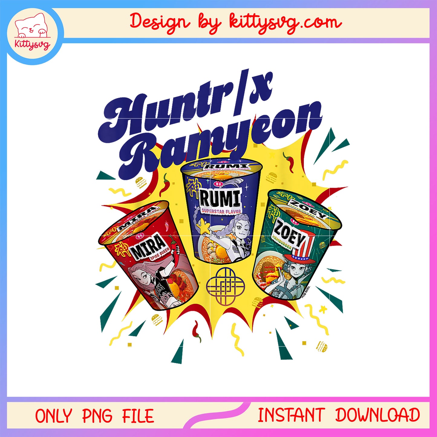 Huntrix ramyeon kpop group design png, kpop merch png