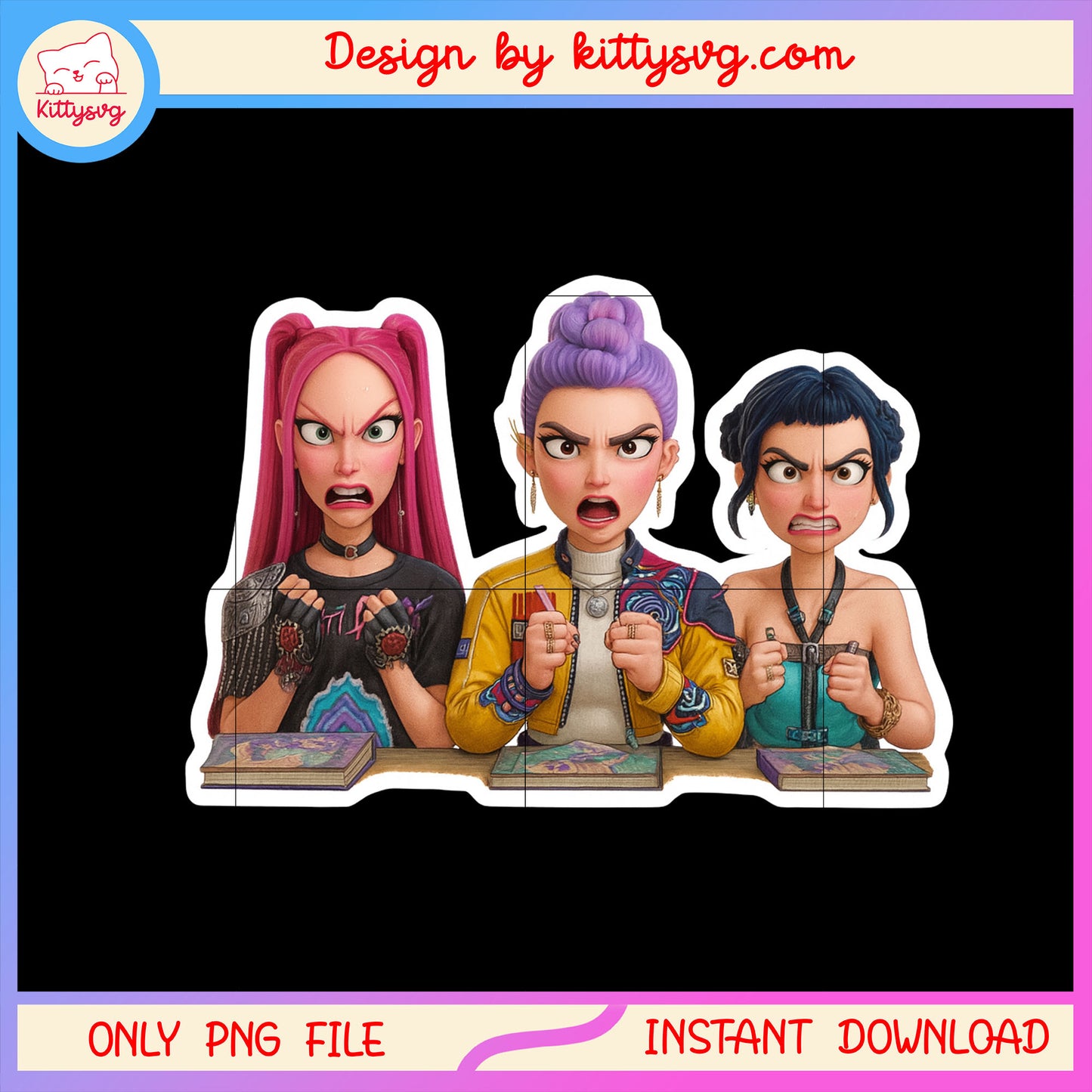 Huntrix rumi and friends angry design png, kpop demon hunters png
