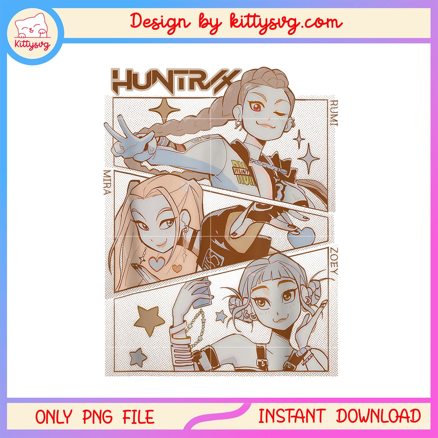 Huntrix rumi mira and zoey design png, demon hunters png