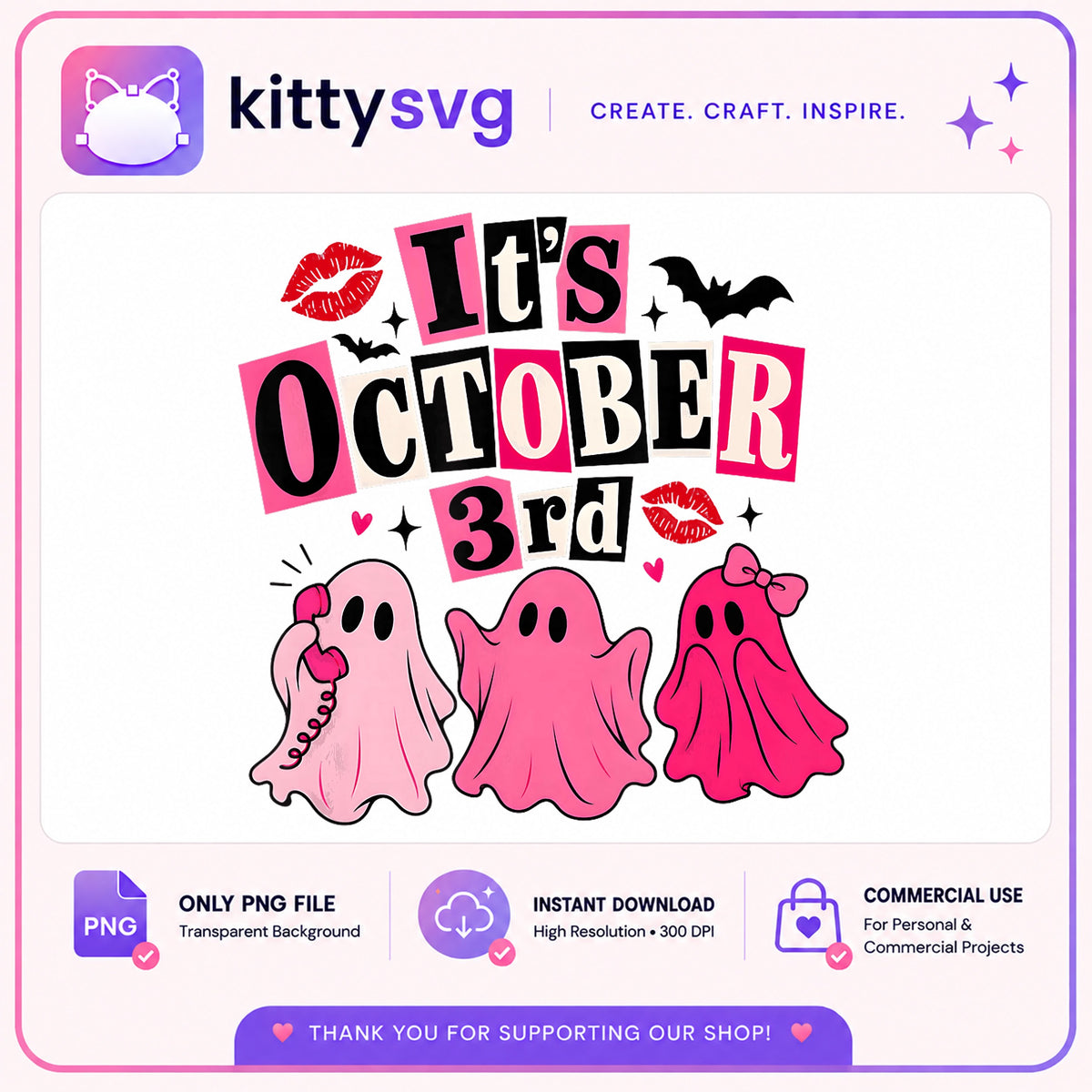 Its October 3rd PNG, Cute Ghost Halloween PNG, Pink Ghost PNG