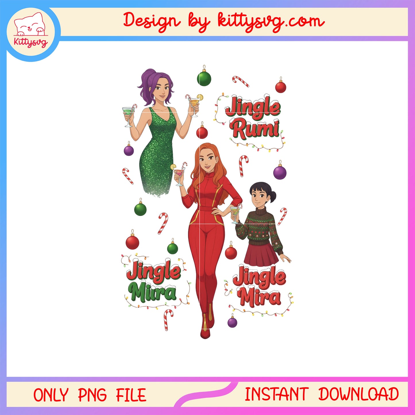Jingle rumi mira zoey huntrix kpop christmas png, xmas png
