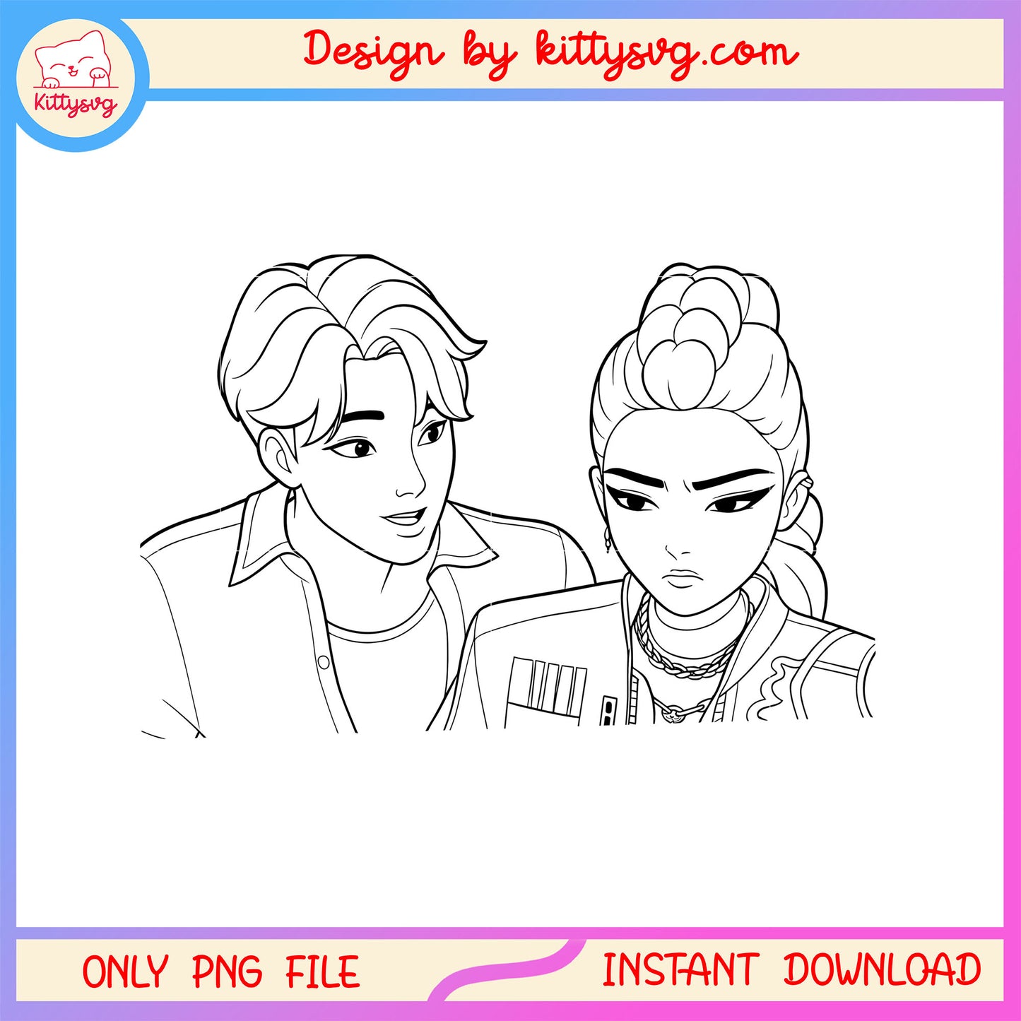Jinu and rumi characters outline png, kpop demon hunters couple png