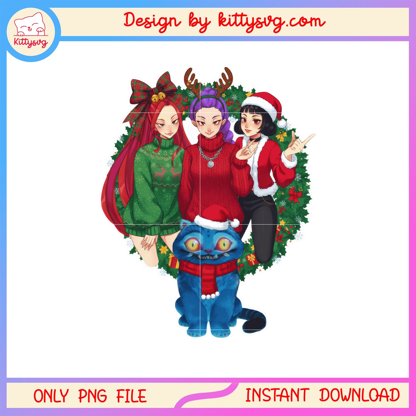 Kpop hunters huntrix christmas cat wreath png, huntrix members png
