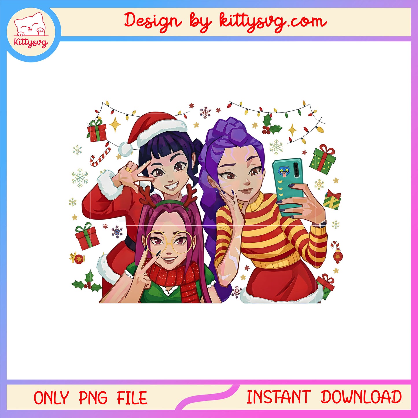 Kpop hunters huntrix selfie christmas png, kpop demon hunters huntrix png