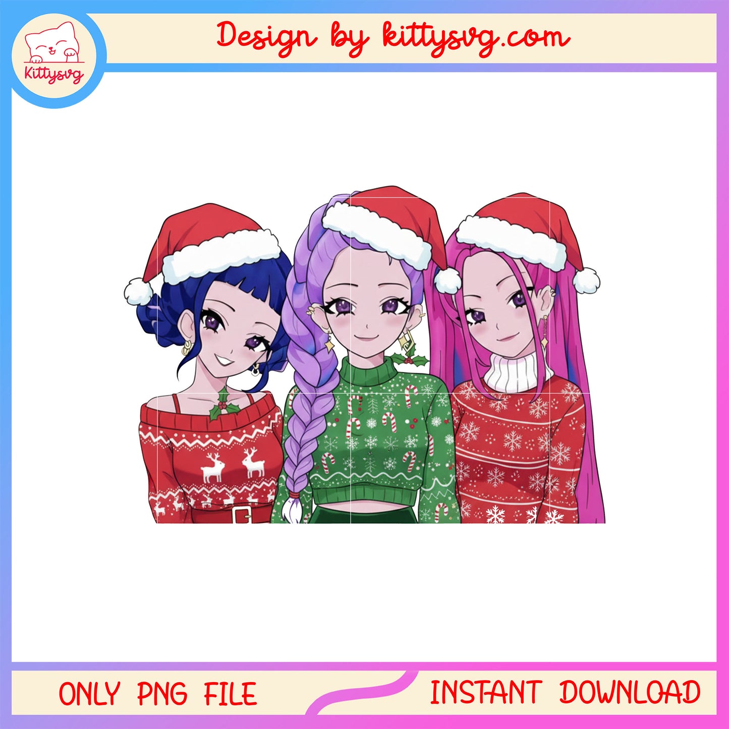 Kpop huntrix members wear santa hat design png, huntrix group png