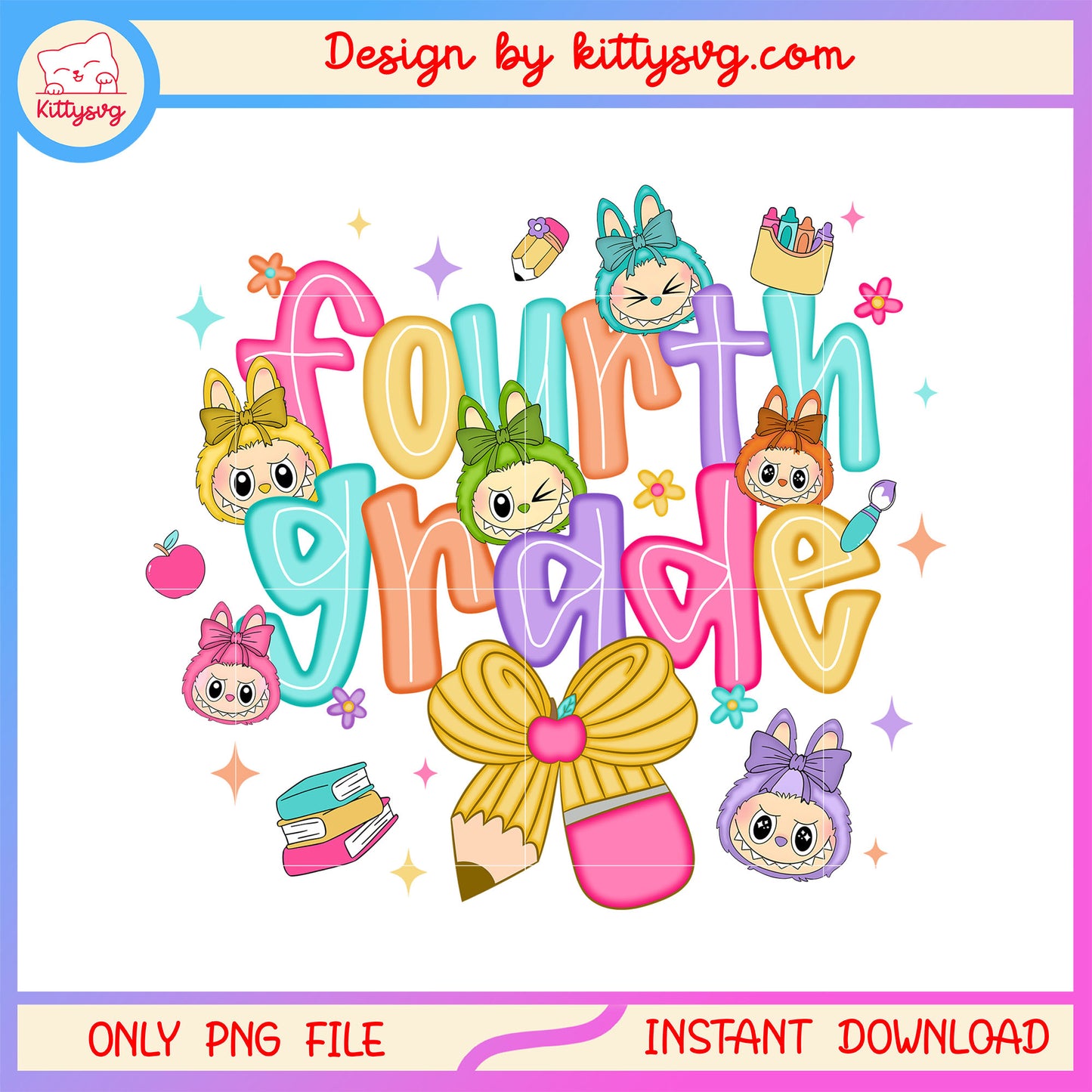 Labubu face fourth grade design png, back to school png