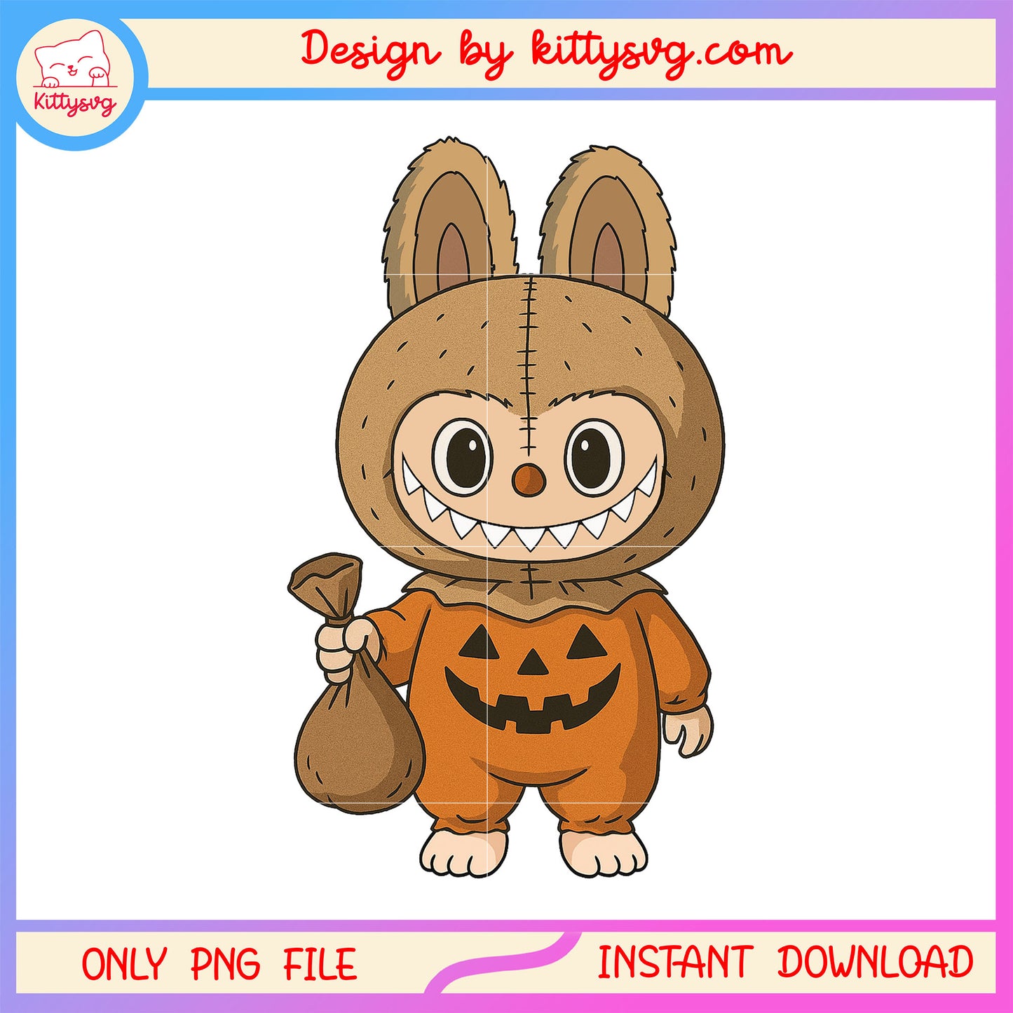 Labubu jack-o'-lantern treat doll clothes design png, halloween pumpkin png